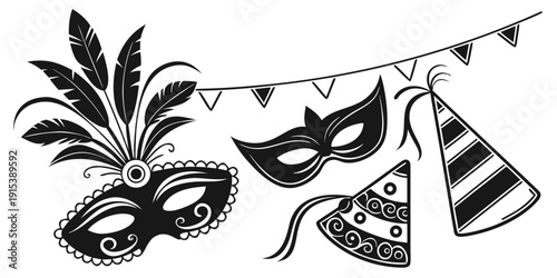 Decorative masquerade masks hanging on a string with tropical leaves Vector