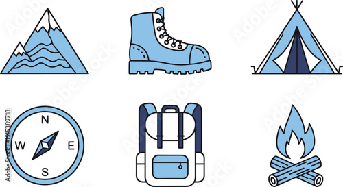 Camping and Hiking Icon Set with Mountain, Boot, Tent, Compass, Backpack and Campfire, Outdoor Adventure Travel Symbols Isolated on White Background