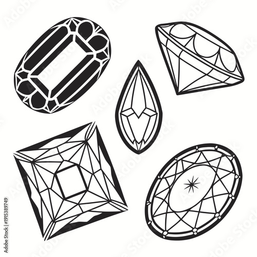 An assortment of intricately cut gemstones showcasing various shapes and facets. Vector