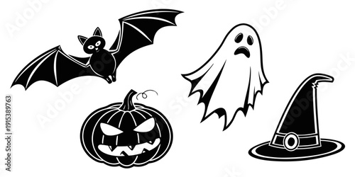 A collection of spooky symbols including a bat, a jack-o'-lantern, a ghost, and a witch's hat. Vector
