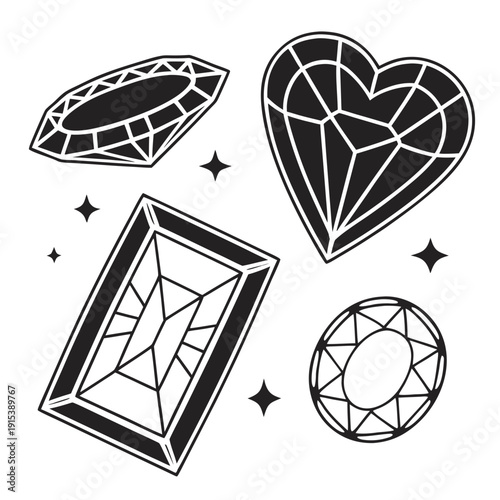 A collection of various diamond shapes and cuts displayed in a decorative manner. Vector
