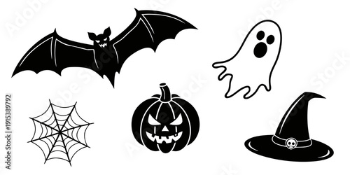 A collection of spooky and fun halloween icons including a bat, spiderweb, ghost, pumpkin, and witch hat Vector