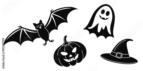 Spooky halloween decorations featuring a bat, ghost, jack-o'-lantern, and witch's hat Vector