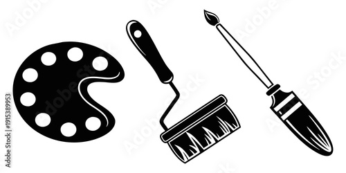Artistic tools including a paint palette, a brush, and a screwdriver. Vector