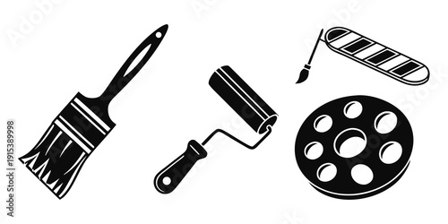 A collection of cleaning tools including a brush, roller, squeegee, and mop bucket. Vector
