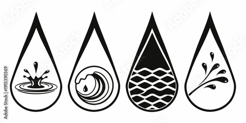 Four distinct water droplets each containing different weather elements Vector