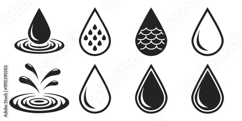 A collection of various water droplet illustrations in different shapes and forms. Vector