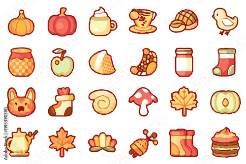 A collection of colorful autumn themed icons and illustrations