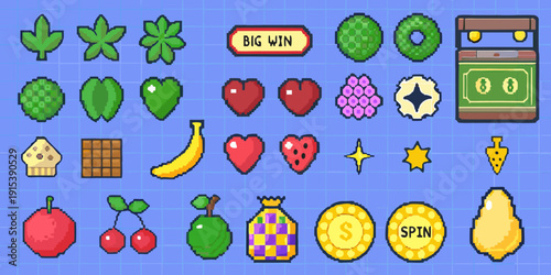 Pixel art collection of slot machine symbols and various fruits