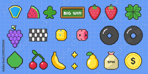 Colorful pixel art slot machine symbols on a light blue background