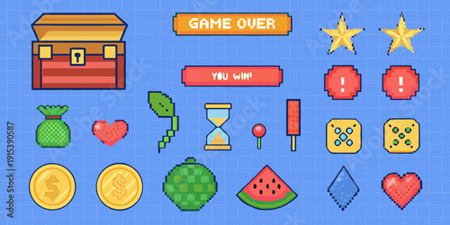 Pixel art game assets including treasure fruit and victory symbols