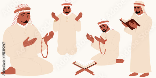Four arab men in traditional clothing praying and with religious texts