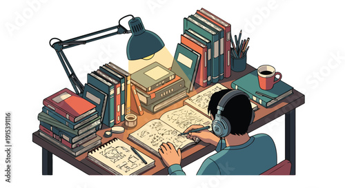 Focused student working intently at a cluttered desk filled with books, drawing in a notebook under a warm lamp light, symbolizing education, learning, and creativity.