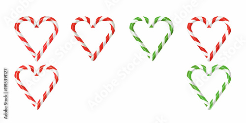 Four heart shaped candy canes arranged on a white background