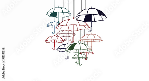 A cluster of colorful, hand-drawn umbrellas suspended by strings against a white backdrop