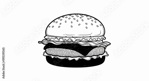 A detailed black and white illustration of a multi-layered burger on a plain background