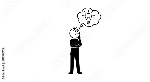 Tableau sur toile Stick figure person thinking with a lightbulb in a thought bubble, symbolizing a new idea or inspiration, isolated white background