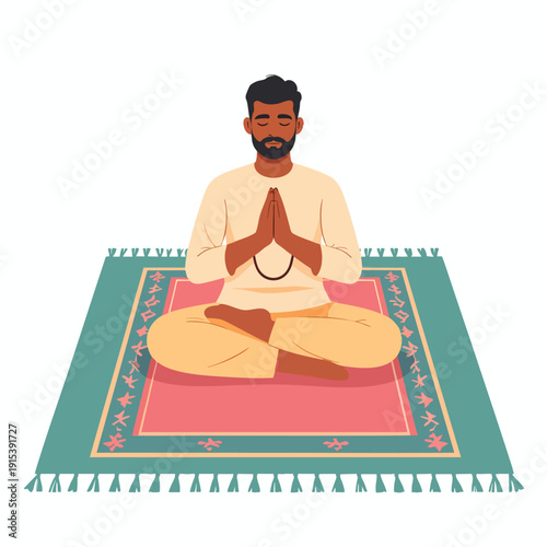 Man meditating in lotus position on a prayer mat with hands together