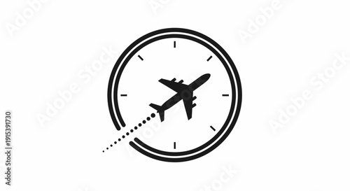 Airplane flying on a dotted path within a clock, representing travel time and flight schedule icon, isolated white background.