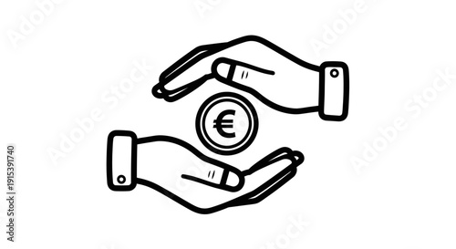 Two hands holding a Euro coin, representing financial transaction and currency exchange, isolated white background.