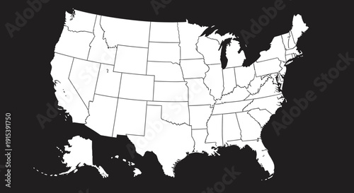 Detailed map of the United States of America with states outlined on a dark background.