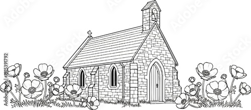 A charming stone chapel with a bell tower, framed by blooming flowers and grass