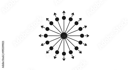 Central point with radiating arrows and dots symbolizing spread, distribution, expansion, or influence on isolated white background.