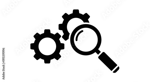 Technical Analysis and Optimization with Gears and Magnifying Glass, isolated white background