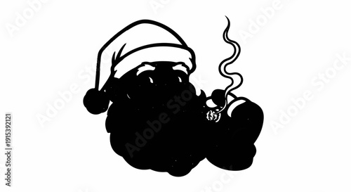 A black silhouette of Santa Claus smoking a pipe with smoke curling upwards