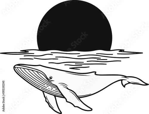 A black circle obscures the horizon above a whale breaching ocean waves