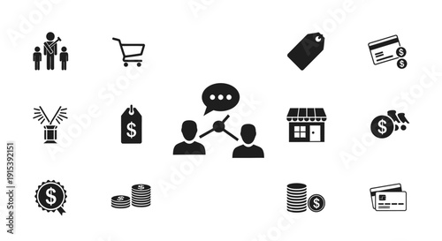 Set of E-commerce and Finance Icons, Including Shopping Cart, Price Tag, and Credit Card on Isolated White Background