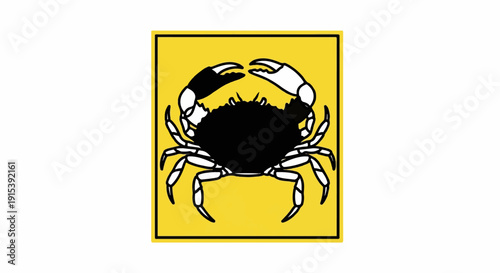 A black crab with white claws and legs on a yellow square background