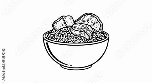 A bowl of rice with meat pieces and a fried pastry