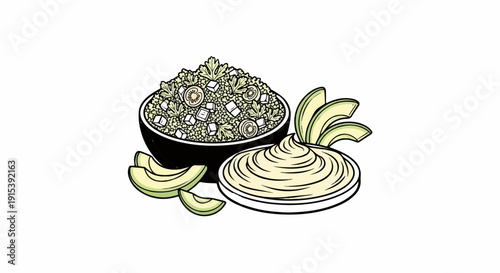 A bowl of salad and a dish of dip with avocado slices