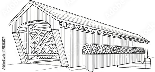 A detailed line drawing of a long, wooden, covered bridge with arched entrance and windows