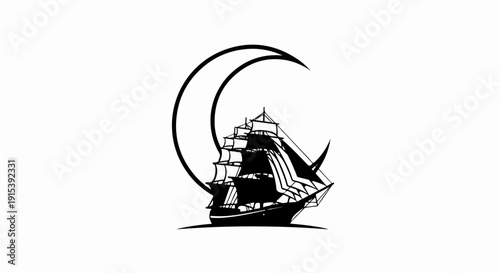 A black silhouette of a tall ship sails past a crescent moon