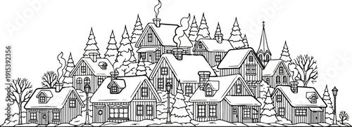 A charming winter village scene with snow-covered houses and trees