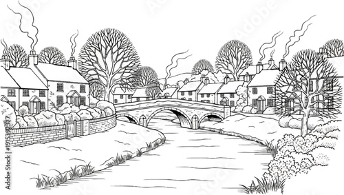A charming village scene with smoke rising from chimneys and a stone bridge