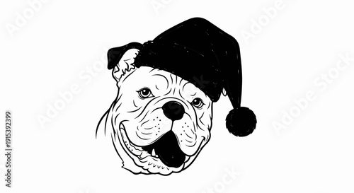 A cheerful bulldog wearing a Santa hat, with its tongue out