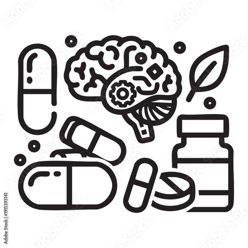 A black and white icon of brain with pills and bottle