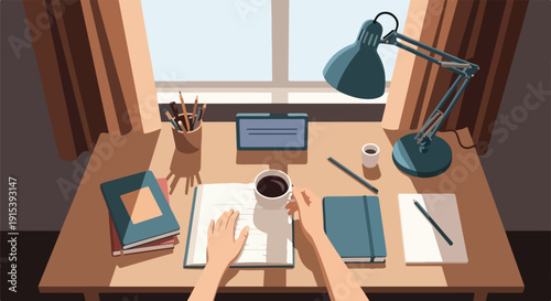 Cozy Desk Setup with Coffee, Books, and Tablet by the Window with Natural Light