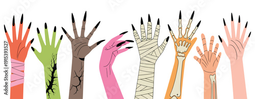 Halloween Monster Hands Banner with Mummy, Zombie, Werewolf, Skeleton and Vampire, Flat Vector Border of Spooky Hands Reaching Up, Festive Background for Web Design and Trick or Treat Theme