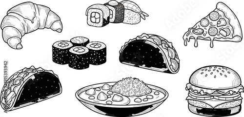 A delightful collection of diverse food illustrations, including a croissant, tacos, pizza, and more