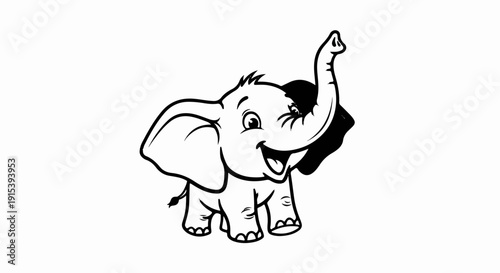A cheerful, cartoon-style elephant raises its trunk high