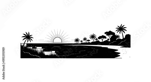 A black silhouette of a serene tropical beach scene at sunrise with palm trees
