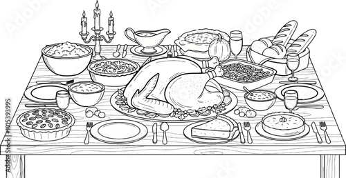 A festive table laden with a roast turkey, pies, bread, side dishes, and drinks