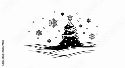 A festive winter scene with a decorated tree and falling snow