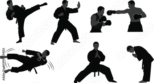 Martial arts silhouettes karate and boxing action poses dynamic fighter collection for sports and combat concepts isolated on white