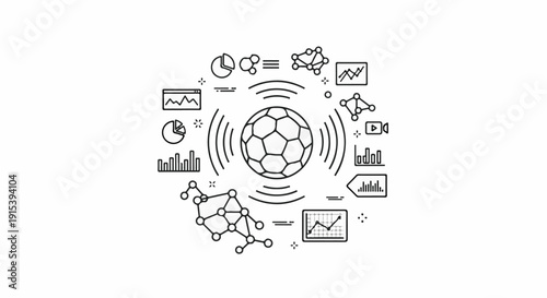 A diagram shows a soccer ball surrounded by graphs, networks, and charts
