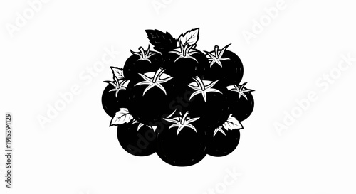 A cluster of ripe, black tomatoes with green leaves, rendered in a simple graphic style